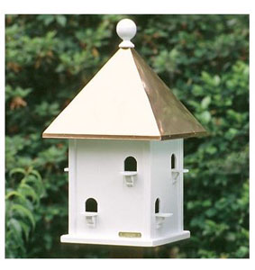 Square tall white birdhouse with copper roof